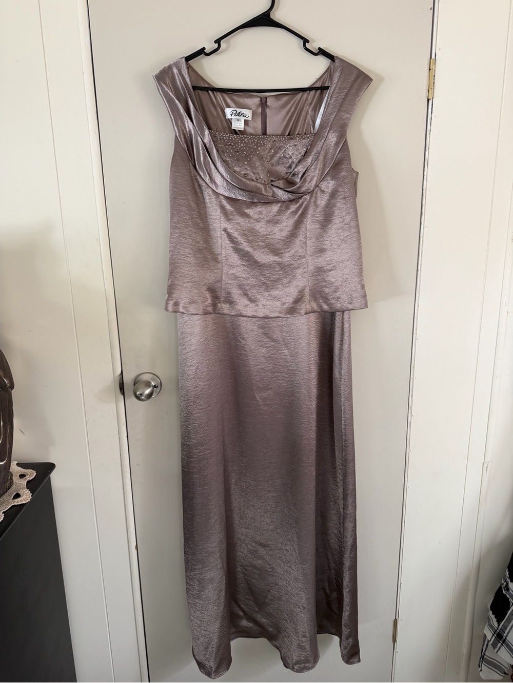 Taupe Satin Cowl Neck Evening Dress